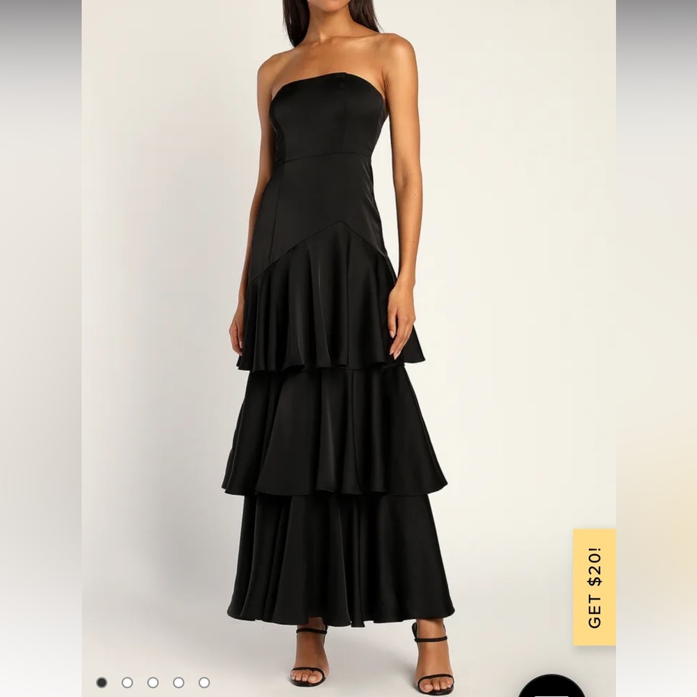 Lulus black satin tiered maxi bridesmaid dress
